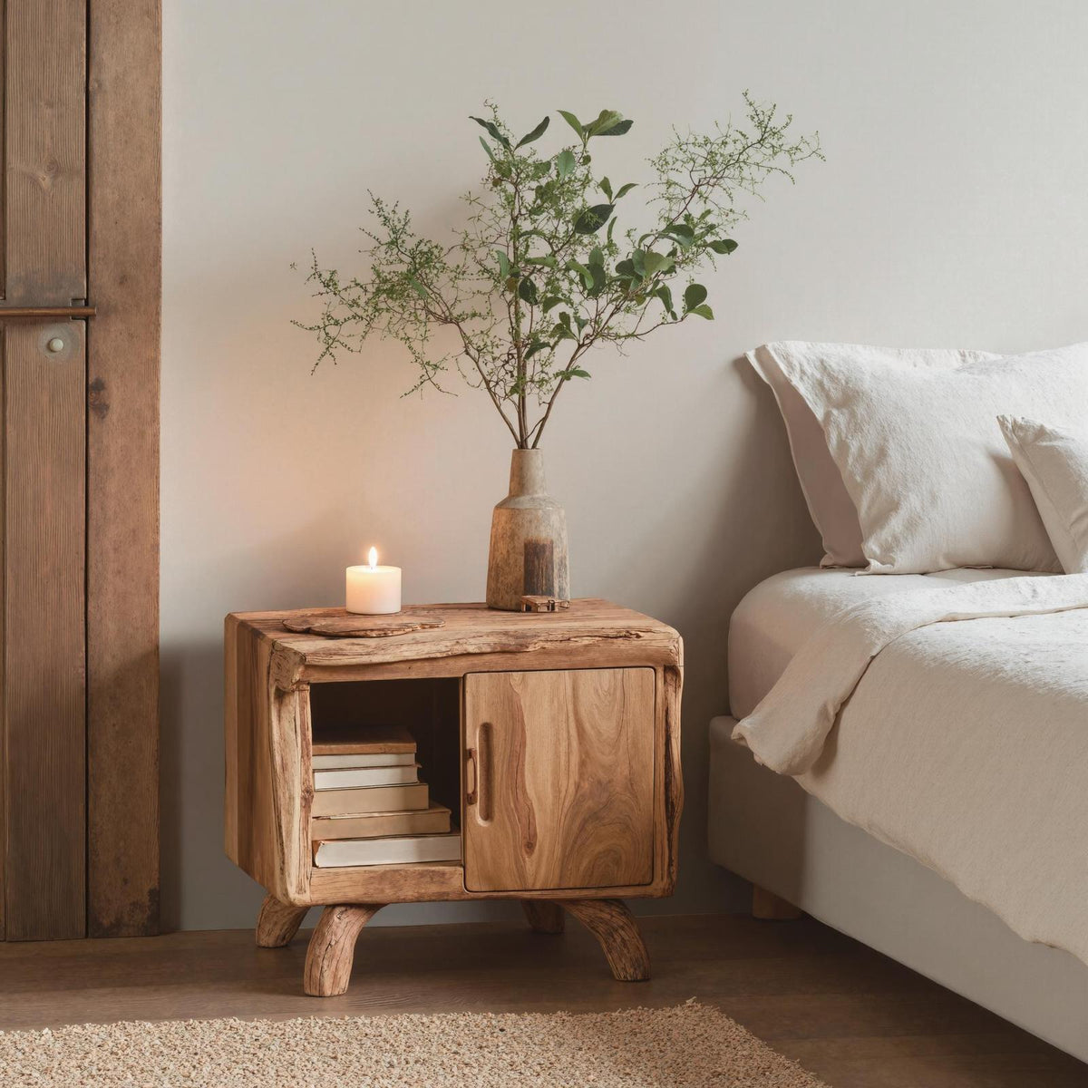 Rustic Solid Wood Nightstand, Handmade Bedside Accent Table for Cozy Bedroom Decor and Storage
