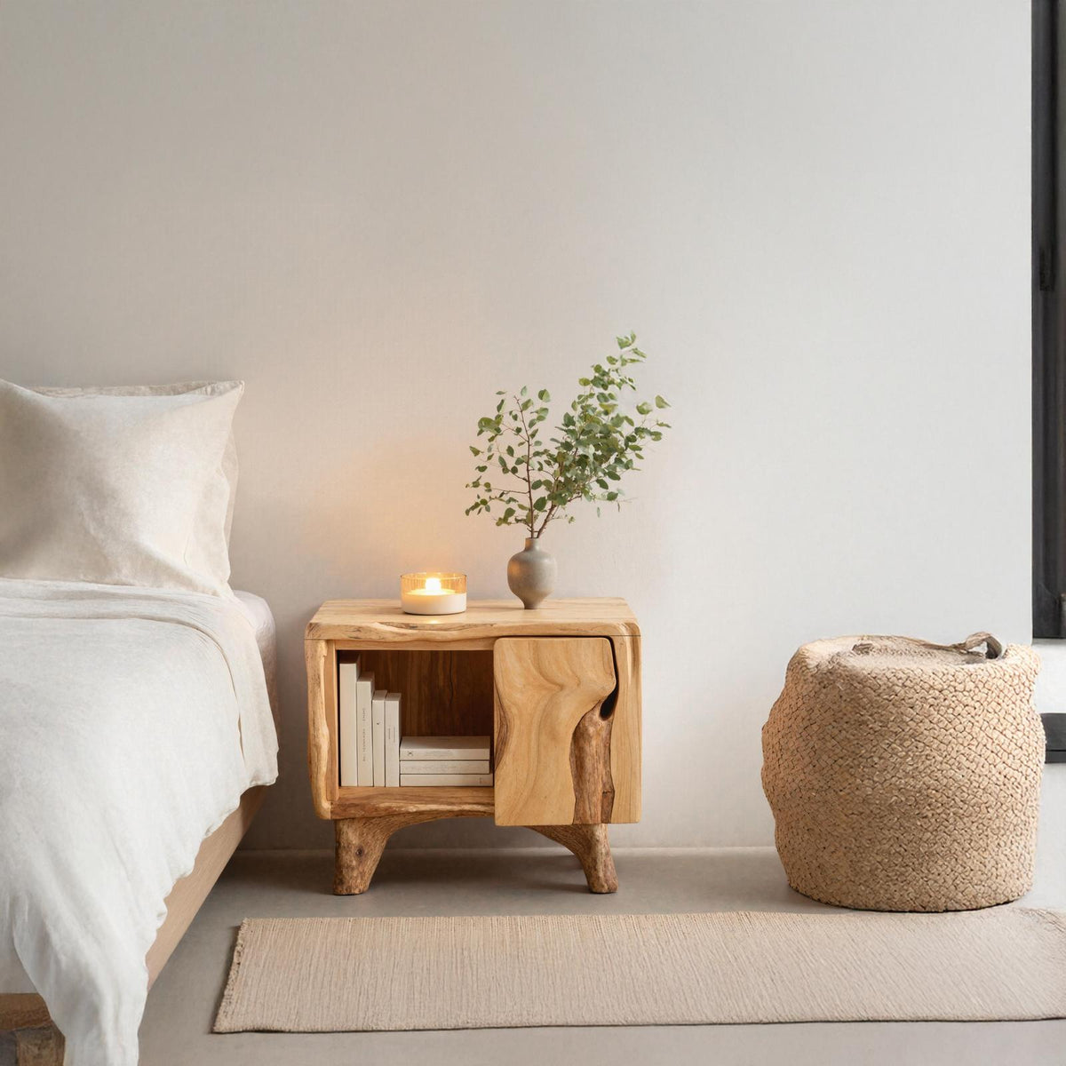 Mid-Century Live Edge Nightstand, Rustic Solid Wood Bedside Accent Table for Modern Bedroom Decor