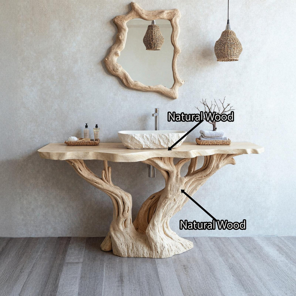 Handcrafted Solid Wood Bathroom Vanity With Natural Finish
