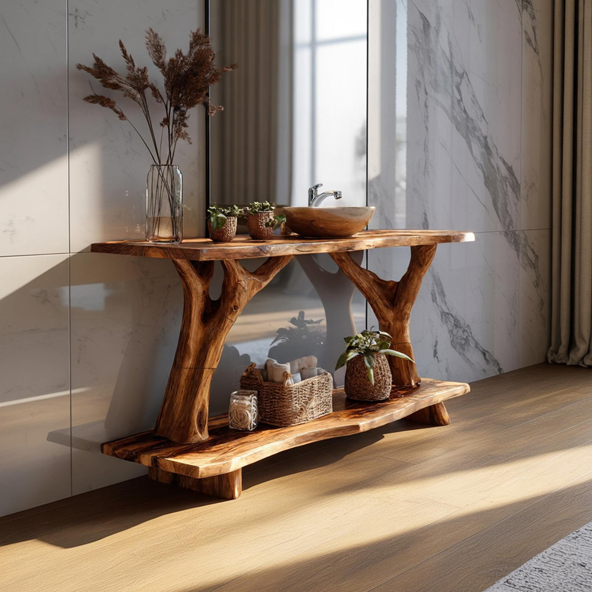 Teezano Farmhouse Live Edge Bathroom Vanity, Solid Wood Slab Sink Console for Country Rustic Bathroom Interior, SILDTTRBRV091