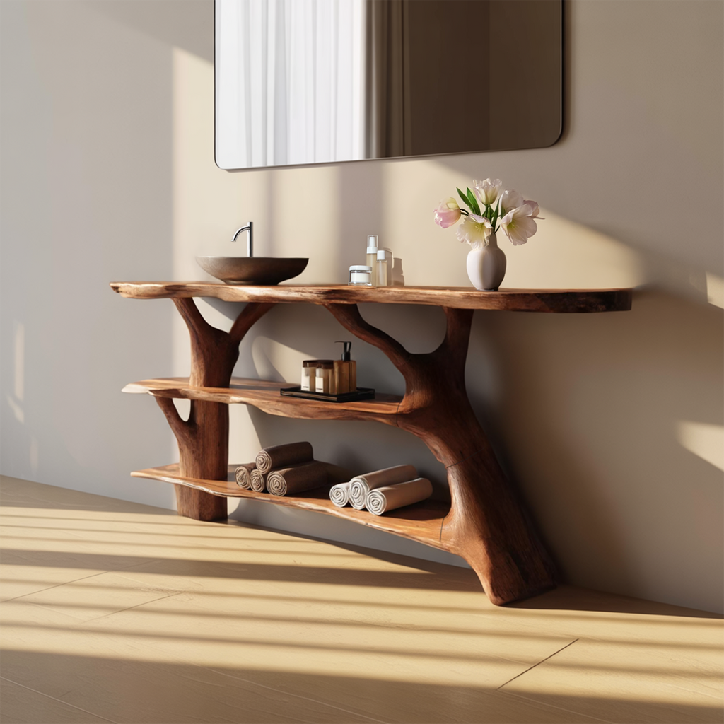 Farmhouse Live Edge Bathroom Vanity, Solid Wood Tree Trunk Slab Sink Console for Rustic Bathroom Decor
