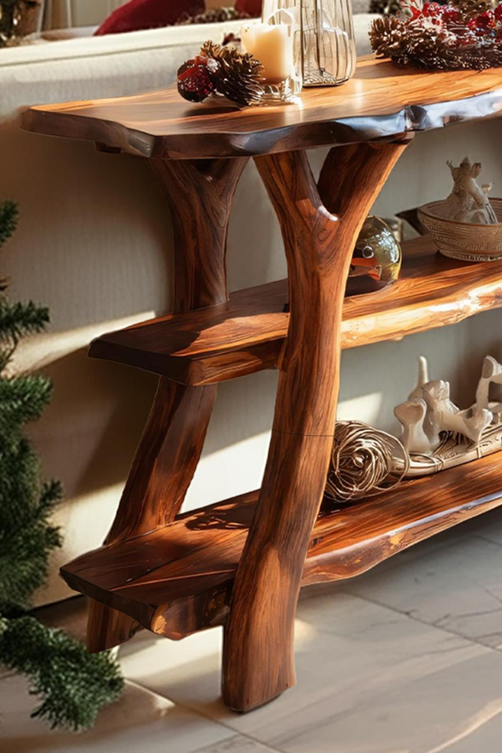 Mid-Century Live Edge Wooden Console Table, Sleek Slab Entryway Table, Solid Timber Foyer Table for Bedroom