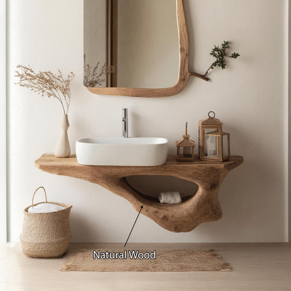 Spry Interior Mid Century Solid Wood Bathroom Furniture Set, Floating Shelves & Under Sink Vanity Cabinet Decor Storage, SILDTTNBAS008