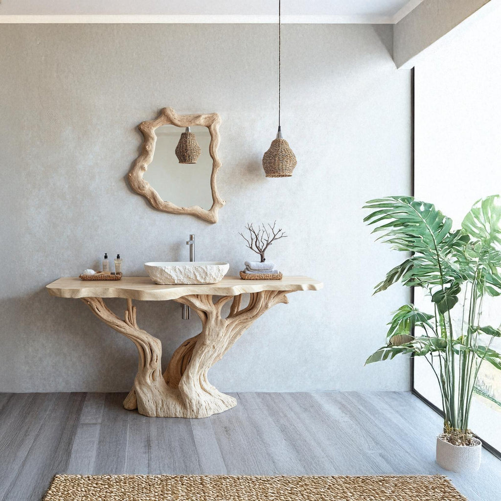 Handcrafted Solid Wood Bathroom Vanity With Natural Finish