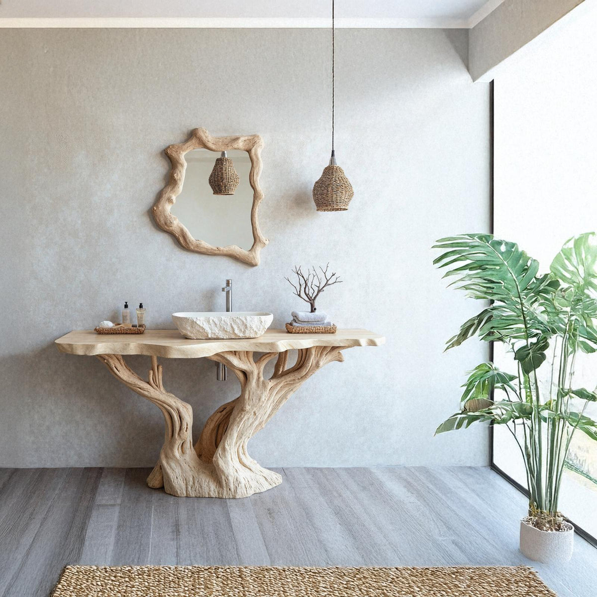 Handcrafted Solid Wood Bathroom Vanity With Natural Finish