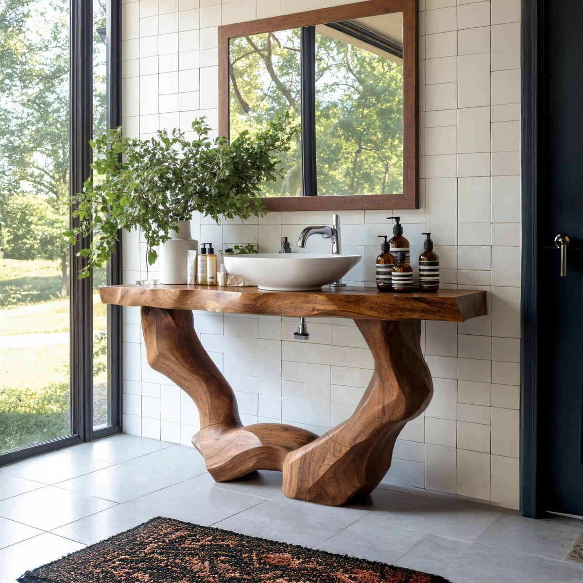 Mid Century Solid Wood Bathroom Vanity, Single Sink Console Storage Cabinet for Natural Furniture Decor