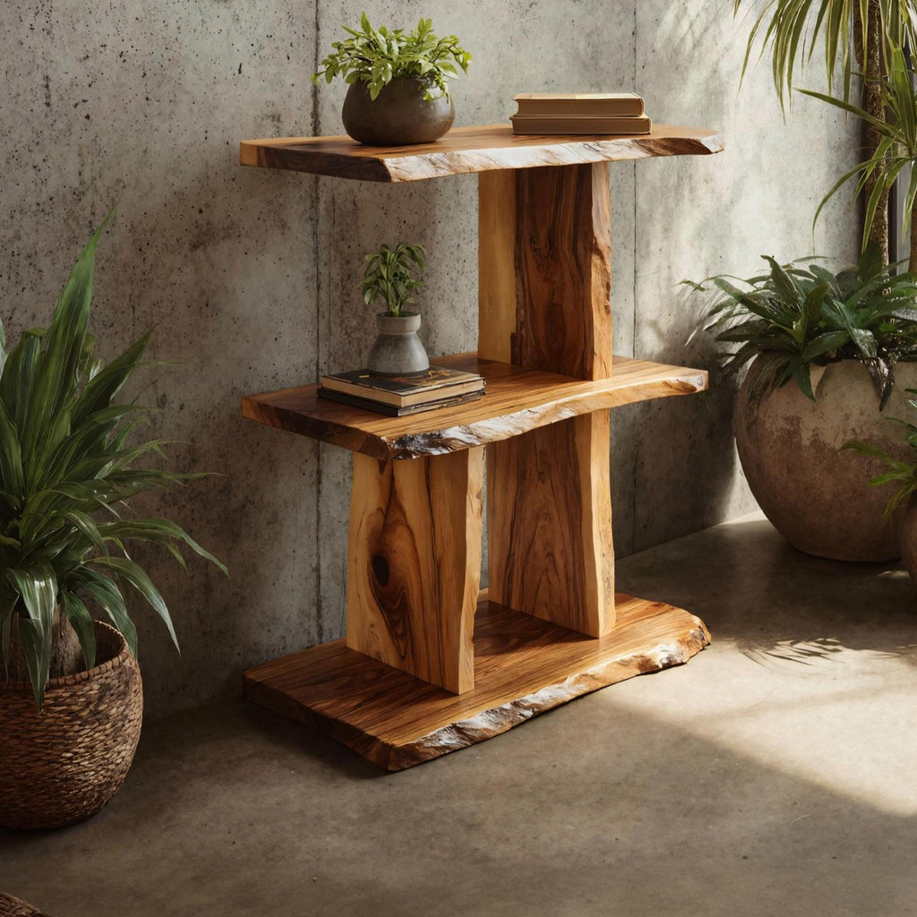 Handcrafted Live Edge Wooden Standing Shelf, Rustic Solid Wood Multi-Tier Display Rack for Bedroom Storage Decor