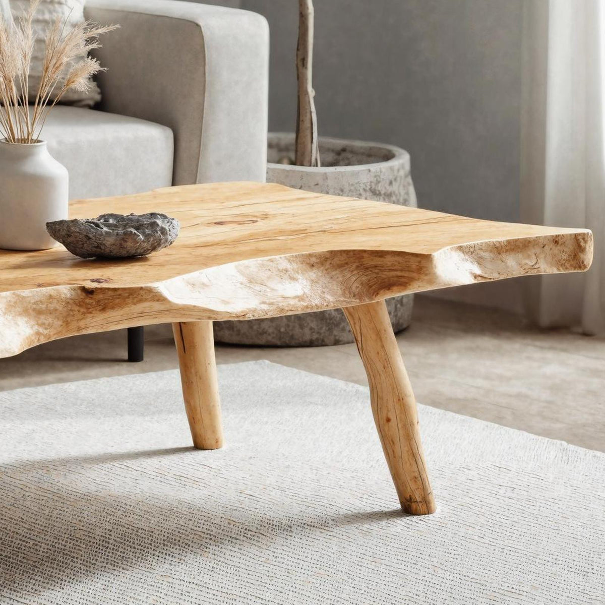 Farmhouse Wooden Coffee Table, Solid Wood Live Edge Central Table for Rustic Living Room Decor