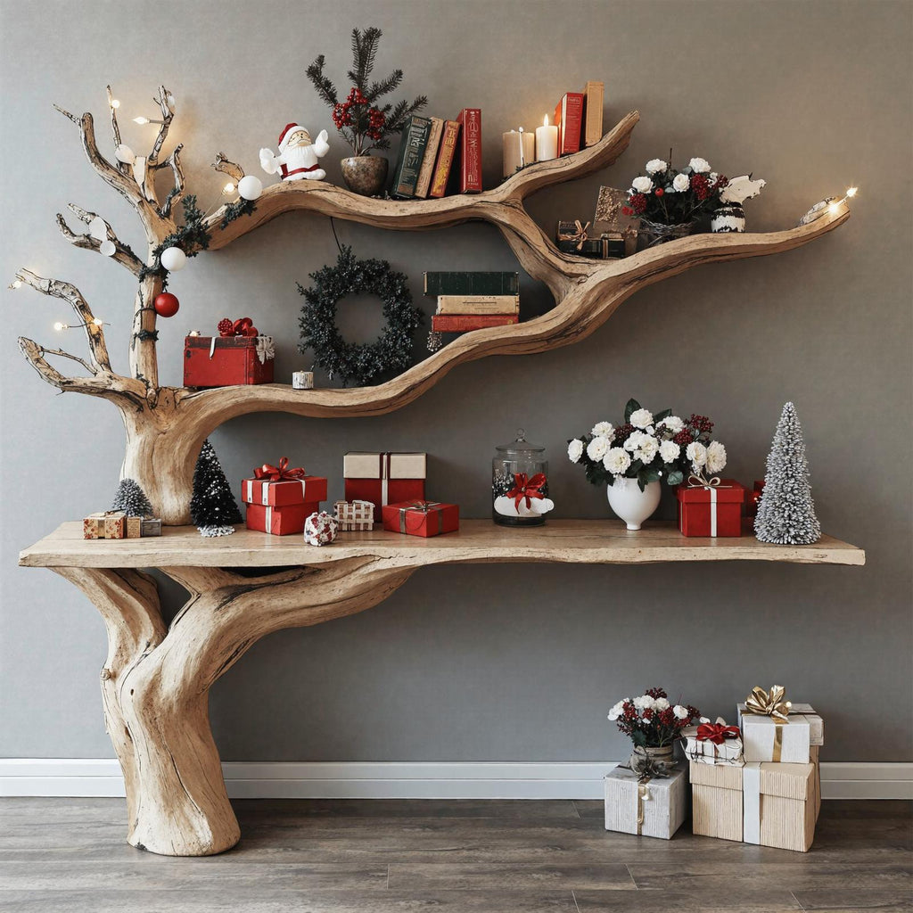 Rustic Entryway Console Table With Tree Bookshelves