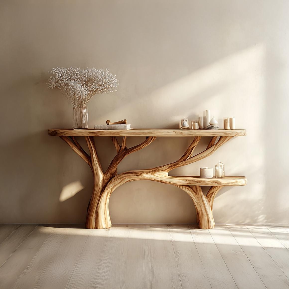 Rustic Tree Design Solid Wood Console Table, Living Room & Entryway Wooden Accent Sofa Table, Model