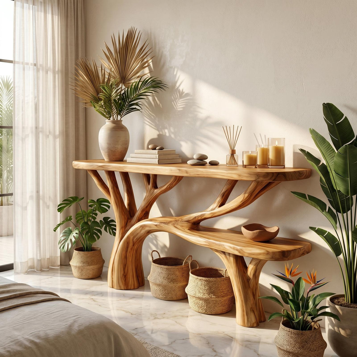 Rustic Tree Design Solid Wood Console Table, Living Room & Entryway Wooden Accent Sofa Table, Model
