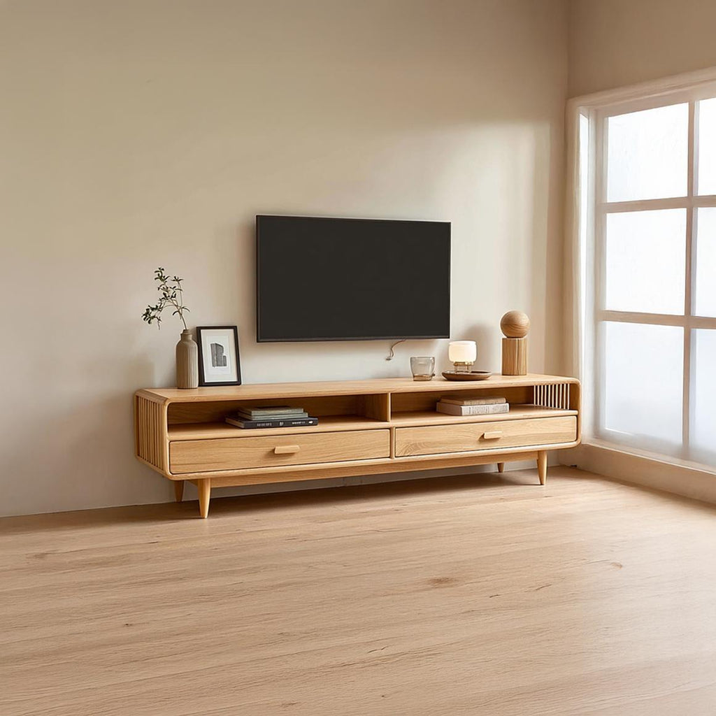 Mid-Century TV Cabinet, Modern Solid Wood Media Console, Low Profile Television Stand for Living Room