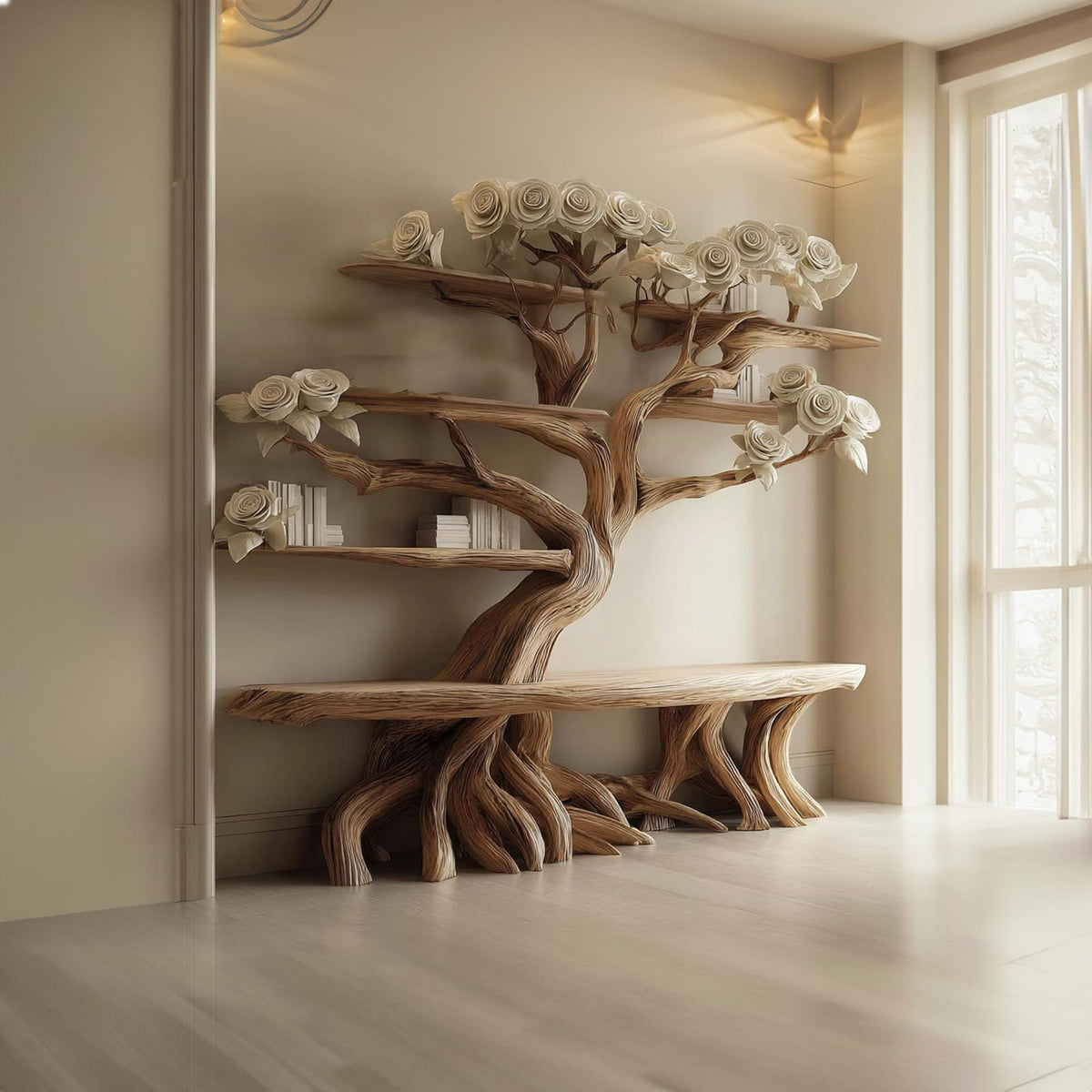Midcentury Tree Bench Bookshelf Living Room