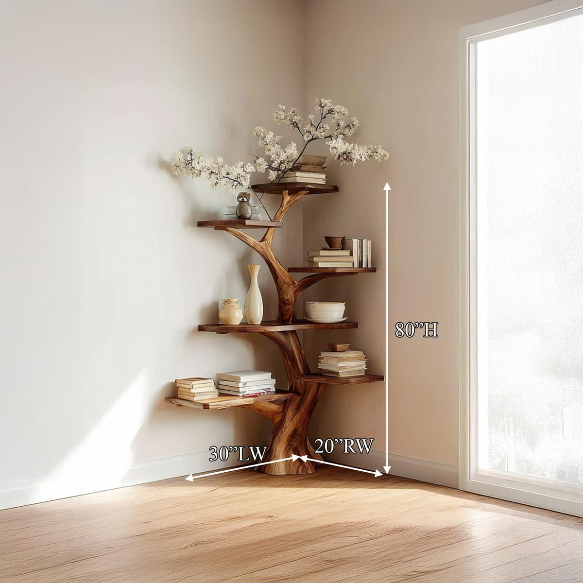 Spry Interior Rustic Corner Tree Bookshelf, Solid Wood Wall Mounted Bookcase & Decorative Hanging Corner Display for Living Room Decor - SINLSATB309