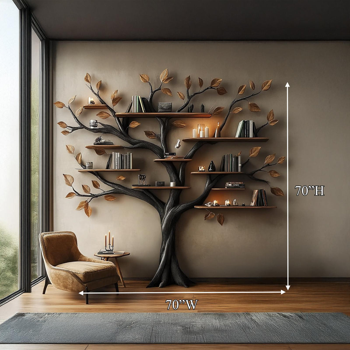 Rustic Halloween Tree Bookshelf, Gothic Style Wood Branch Wall Display Shelf for Cozy Bedroom Decor