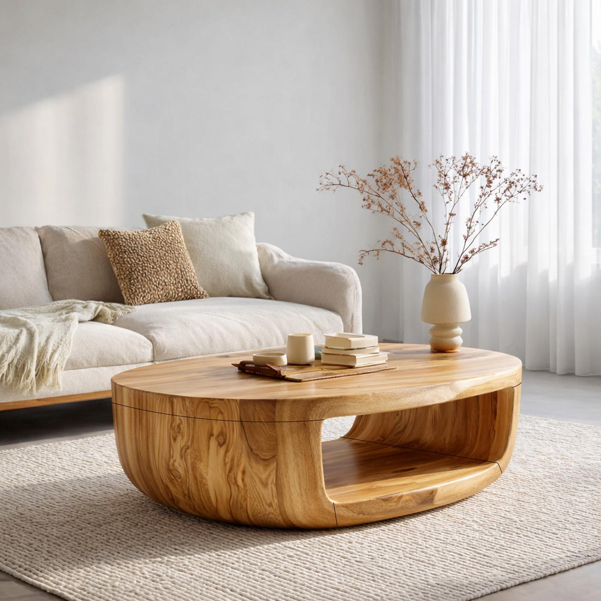 Curved Shell Solid Wood Coffee Table Calm Contemporary Living Room Interior SINLKICF319