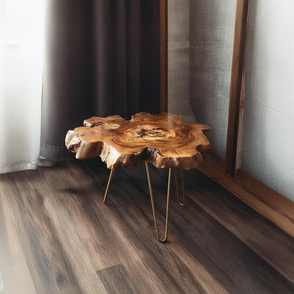 Rustic Solid Wood End Table, Side Accent Table with Metal Legs for Living Room & Home Office, Handcrafted Furniture