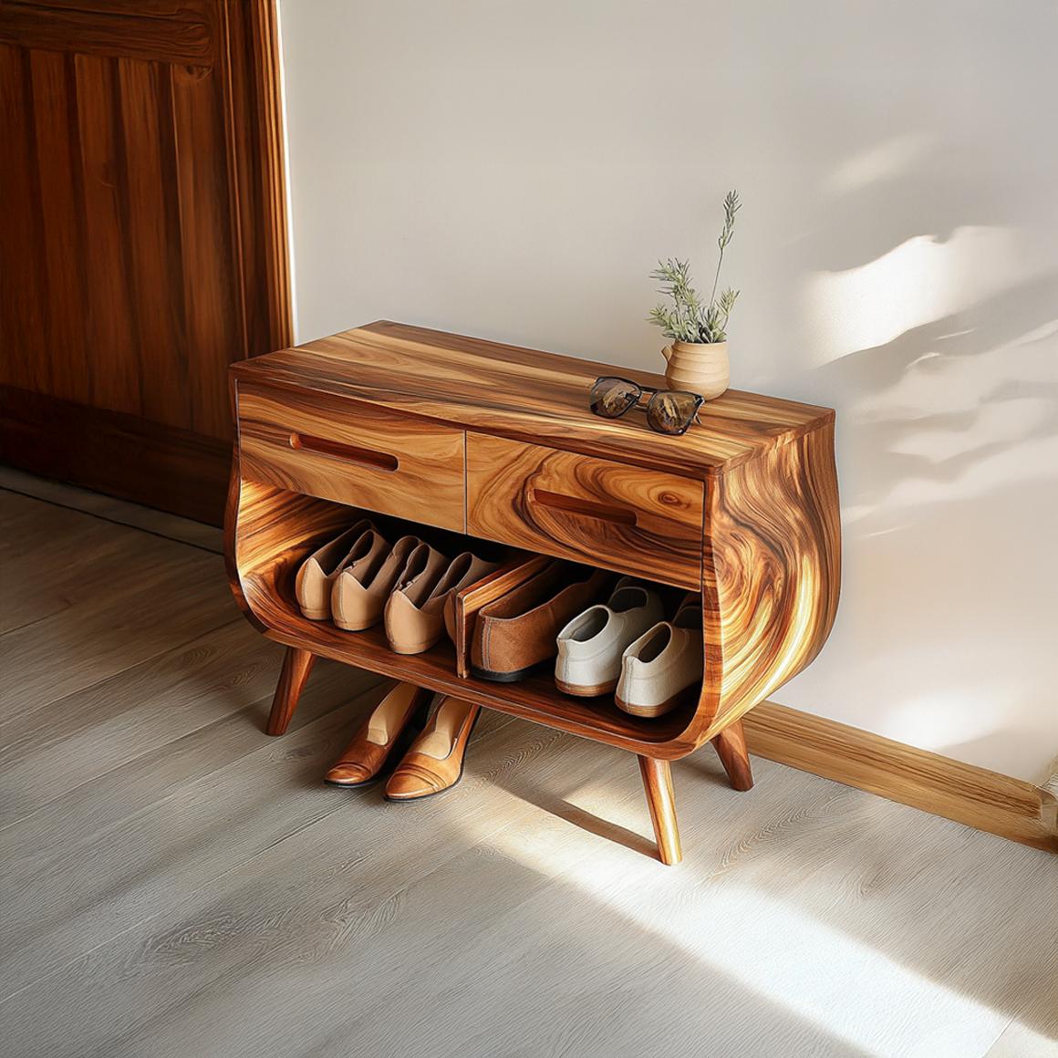 Mid Century Elegant Shoe Cabinet, Solid Wood Storage Organizer Bench with Shelves for Bedroom, Hallway Closet