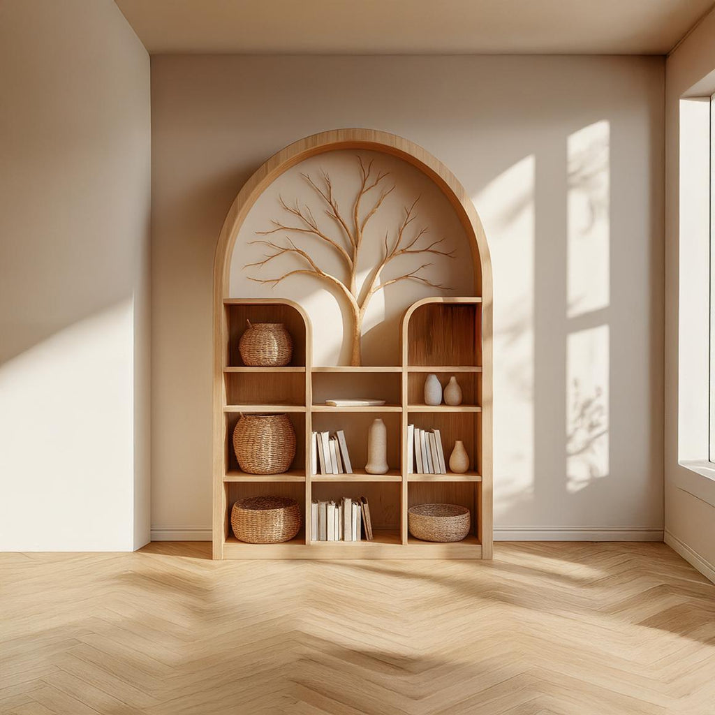 Scandinavian Rustic Tree Accent Storage Cabinet, Modern Wooden Bookcase & Office Credenza Sideboard