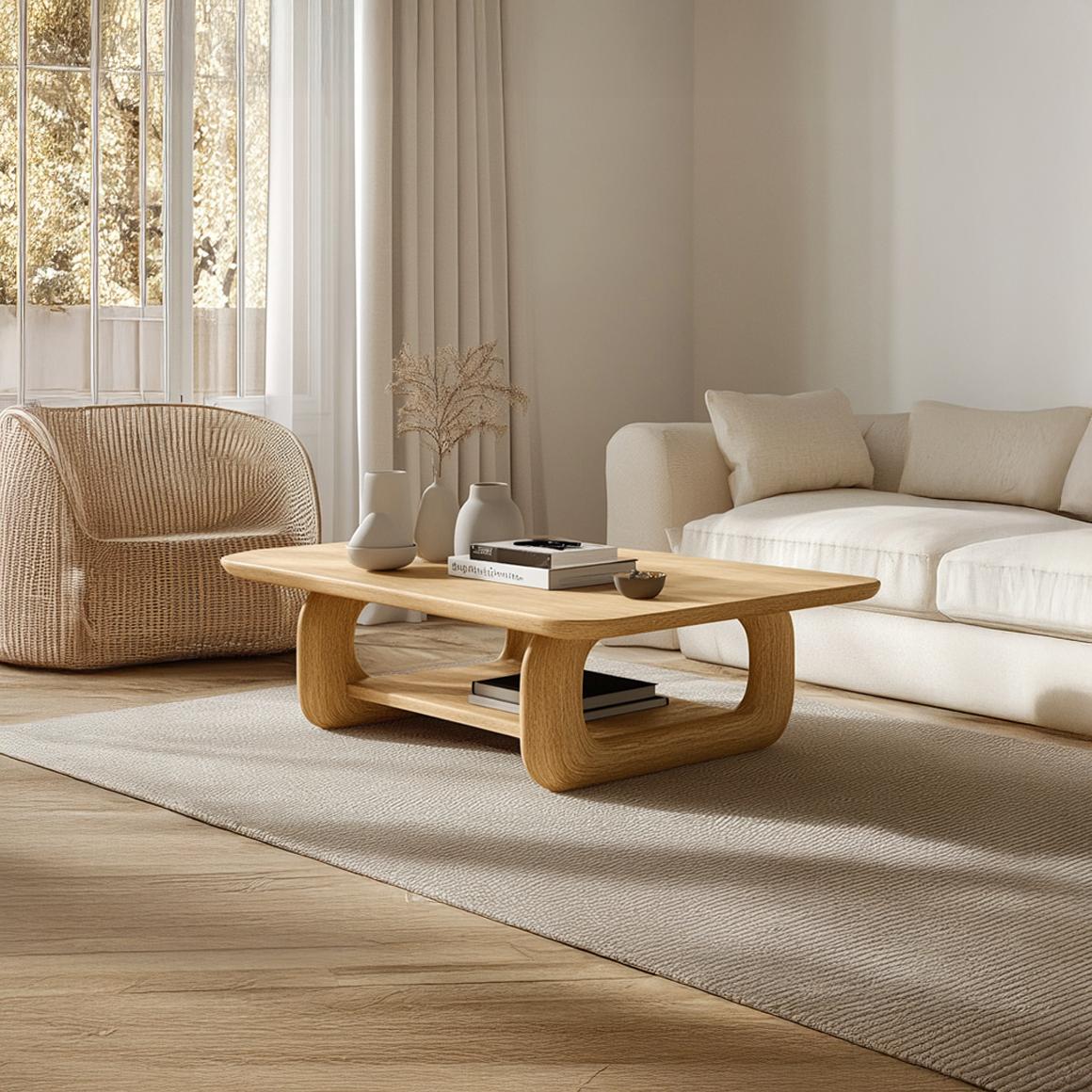 Scandinavian Rounded Coffee Table, Mid-Century Modern Solid Wood Minimalist Round Centerpiece for Living Room, Den