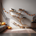 Rustic Wall Mounted Cat Tree, Real Wood Branch Cat Climbing Tower with Perch, Spooky Gothic Halloween Cat Furniture