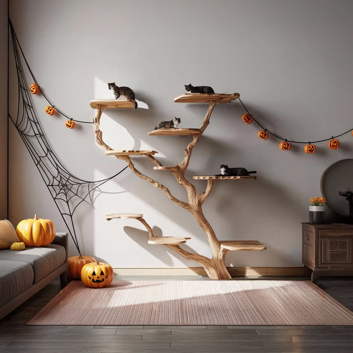 Spry Interior Rustic Wall Mounted Cat Tree, Real Wood Branch Cat Climbing Tower with Perch, Spooky Gothic Halloween Cat Furniture, SINLSAHW022