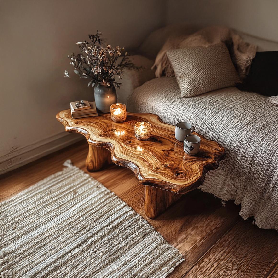 Rustic Handcrafted Wood Coffee Table, Artisanal Live Edge Centerpiece Slab Table for Living Room, Lounge, Cozy Cabin