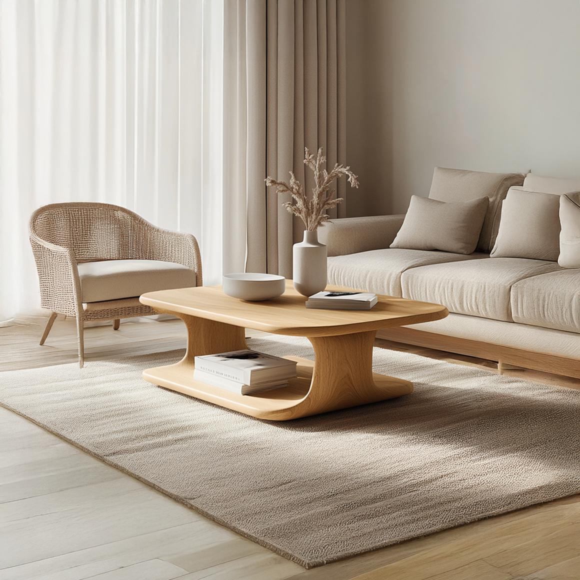 Scandinavian Modern Coffee Table, Solid Wood Curved Organic Centerpiece Table for Living Room, Lounge, Family Room