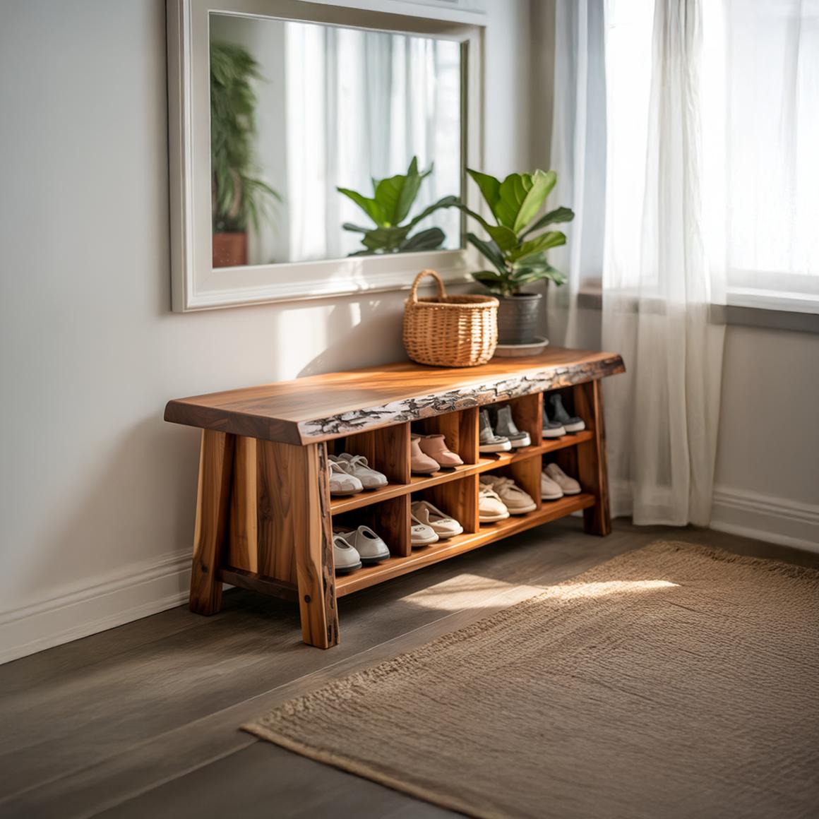 Rustic Live Edge Wood Shoe Bench, Handcrafted Slab Entryway Shoe Storage Organizer for Hallway & Mudroom