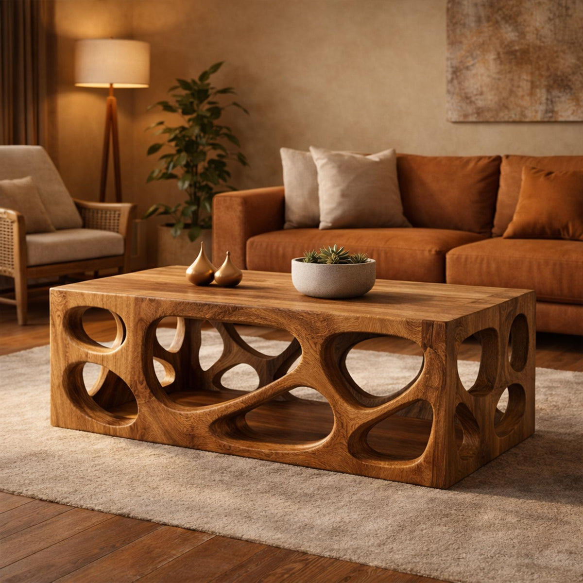 Architectural Carved Solid Wood Coffee Table Organic Void Design Statement Living Room Interior