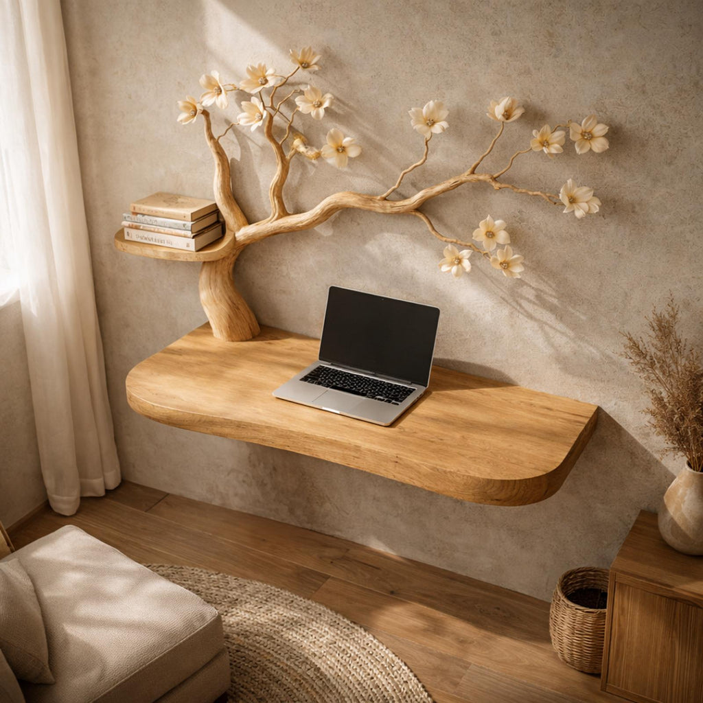 Organic Artistic Floating Desk With Floral Tree Sculpture For Home Office