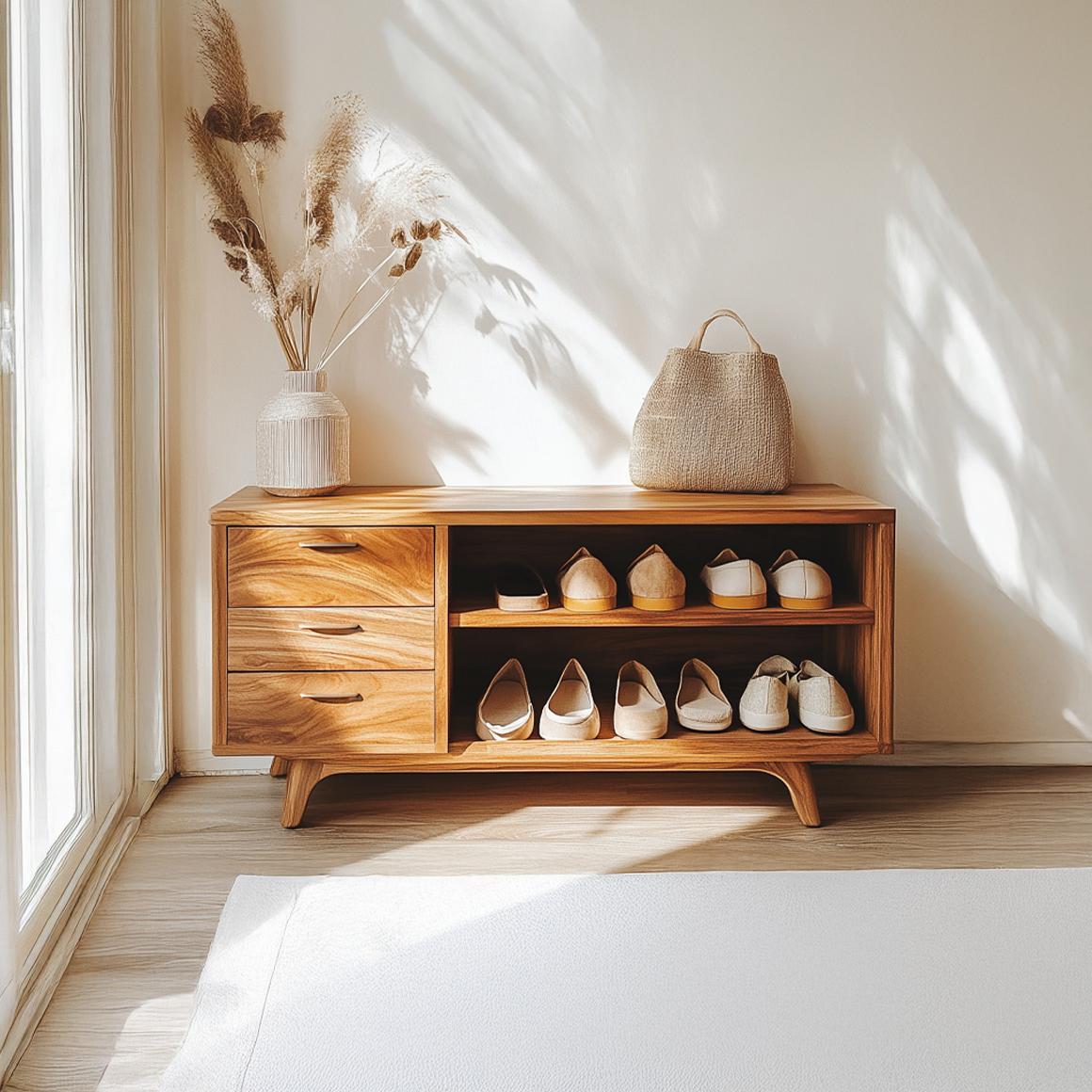 Mid Century Organic Shoe Storage Bench, Solid Natural Wood Entryway Cabinet Organizer for Creative Studio