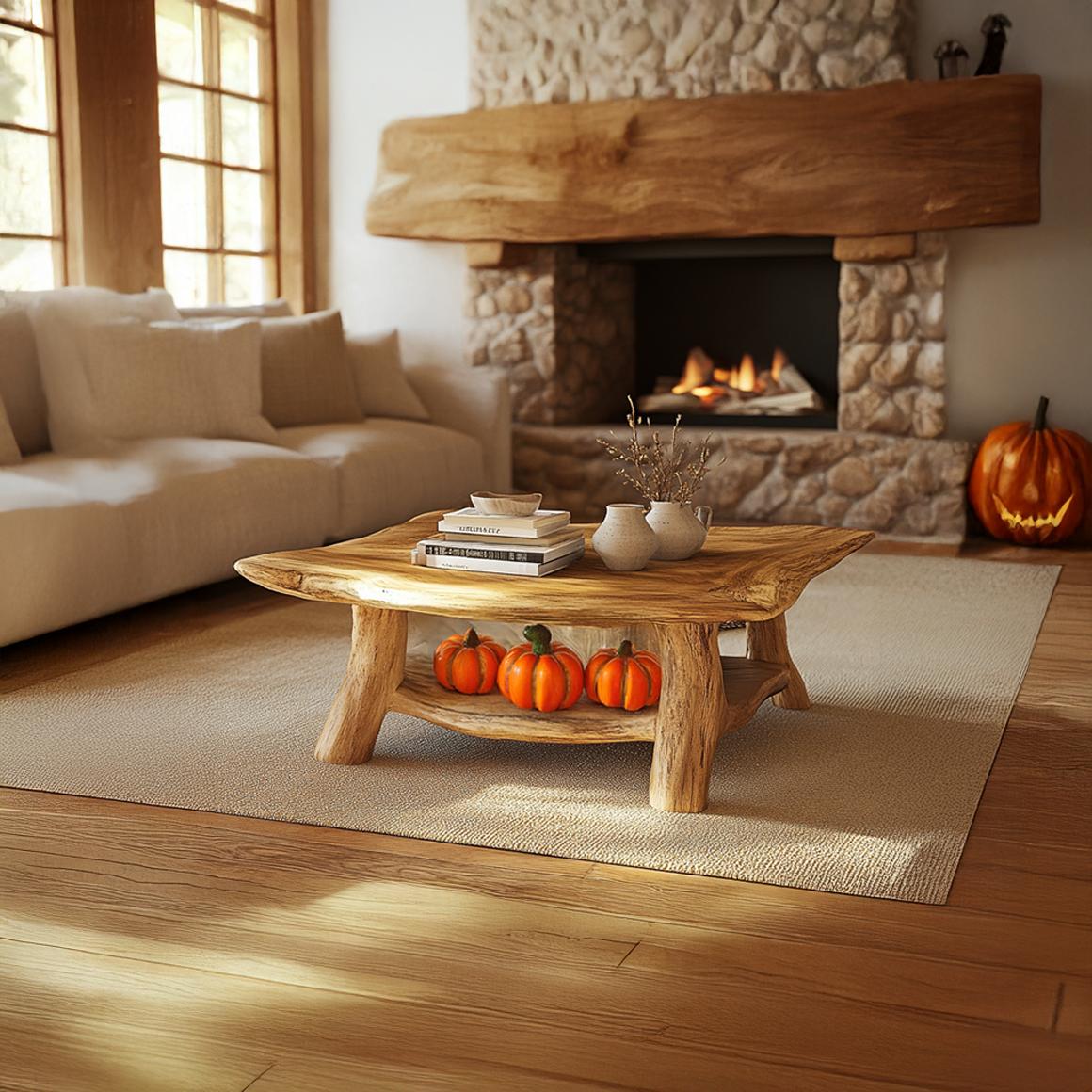Rustic Natural Wood Coffee Table, Handcrafted Live Edge Tree Slab Centerpiece Table for Cozy Cabin Room, Living Room