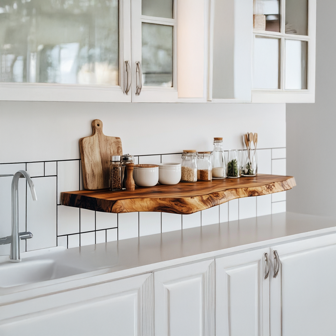 Natural Solid Wood Floating Shelf, Wall Mounted Rustic Kitchen Spice Rack & Decorative Open Shelving Tableware Display