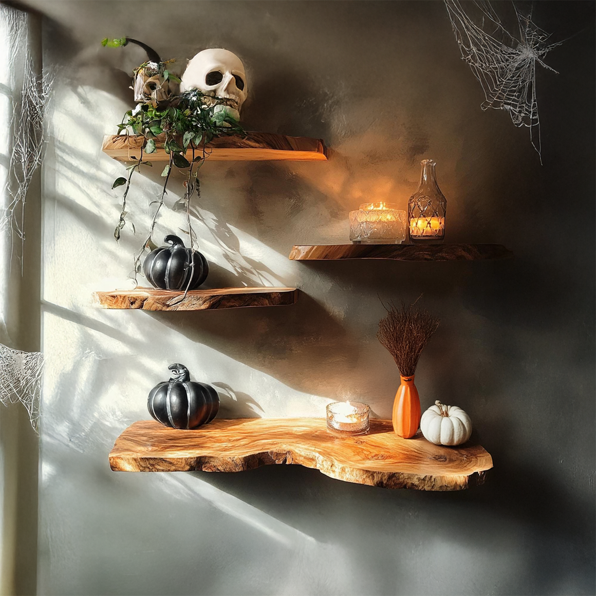 Rustic Floating Shelf, Wooden Tree Branch Wall Mounted Shelf, Spooky Gothic Halloween Wall Art Display Decor