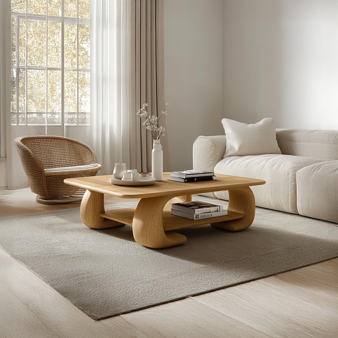 Scandinavian Minimal Coffee Table, Mid-Century Modern Solid Wood Organic Shape Centerpiece Table for Family Room, Den