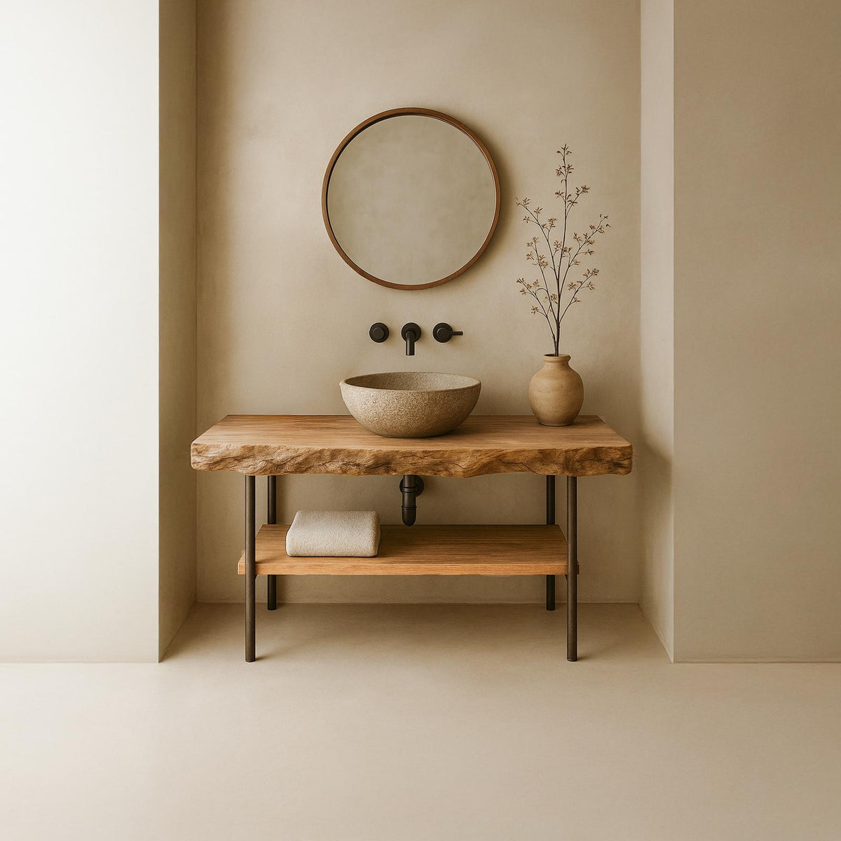 Mid-Century Natural Edge Counter, Solid Wood Bathroom Vanity Countertop, Single Sink Floating Support Shelf