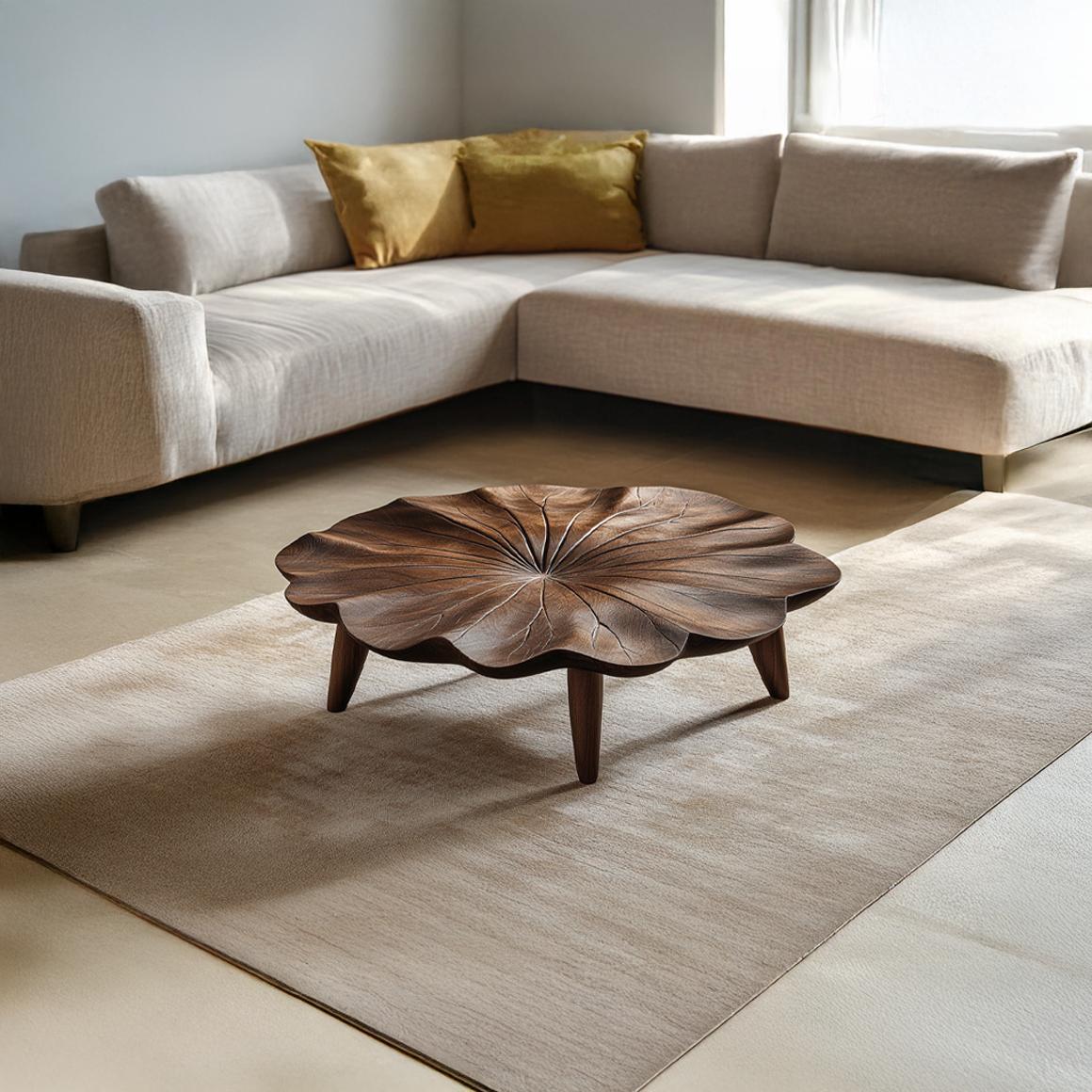 Mid Century Curved Edge Round Coffee Table, Solid Wood Minimalist Circular Centerpiece for Living Room, Family Room