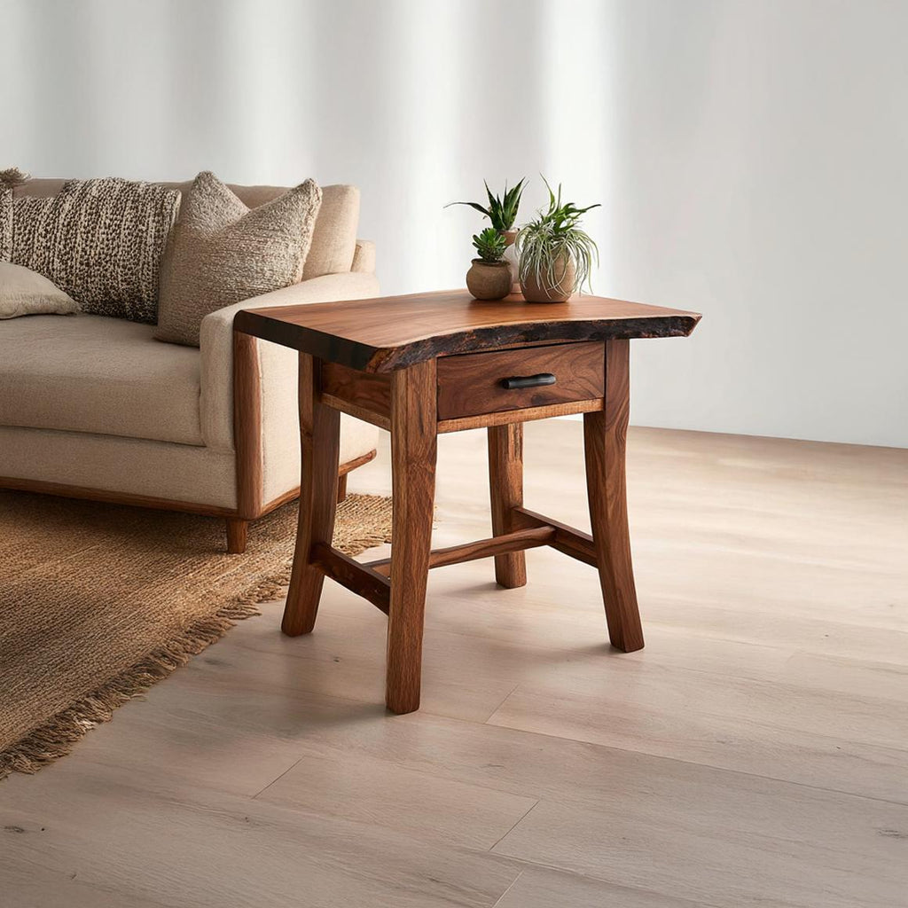Rustic Solid Wood End Table with Storage, Live Edge Side Table for Living Room Sofa, Handcrafted Bedside Nightstand