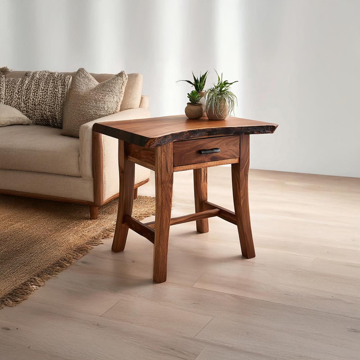 Rustic Solid Wood End Table with Storage, Live Edge Side Table for Living Room Sofa, Handcrafted Bedside Nightstand