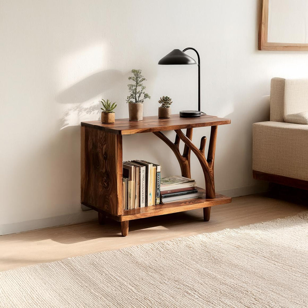 Free Standing Rustic Wood End Table, Natural Edge Accent Side Table for Living Room Sofa, Handcrafted Nightstand