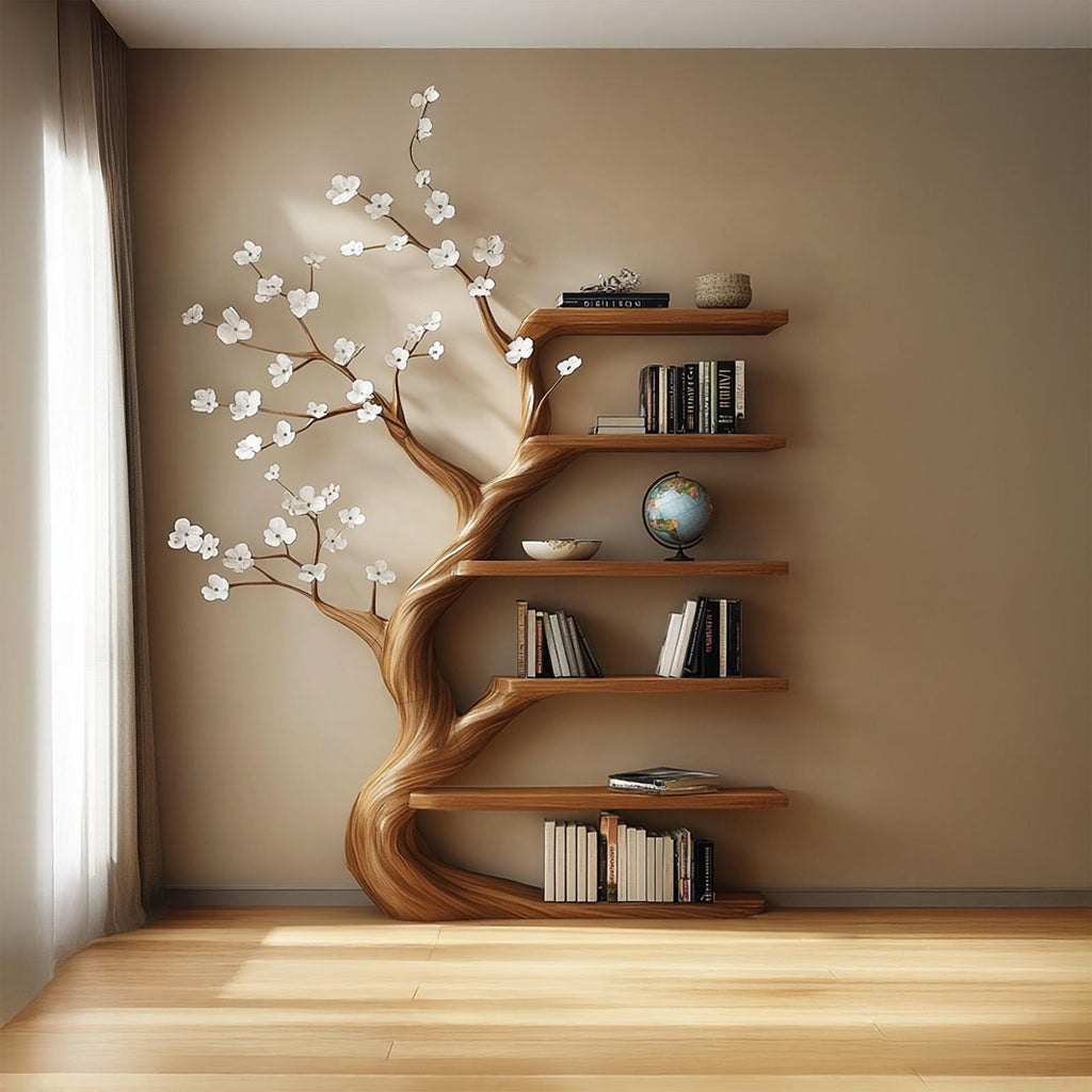 Rustic Tree Bookshelf, Handcrafted Solid Wood Flower Design Wall Mounted Bookcase & Floating Display for Living Room