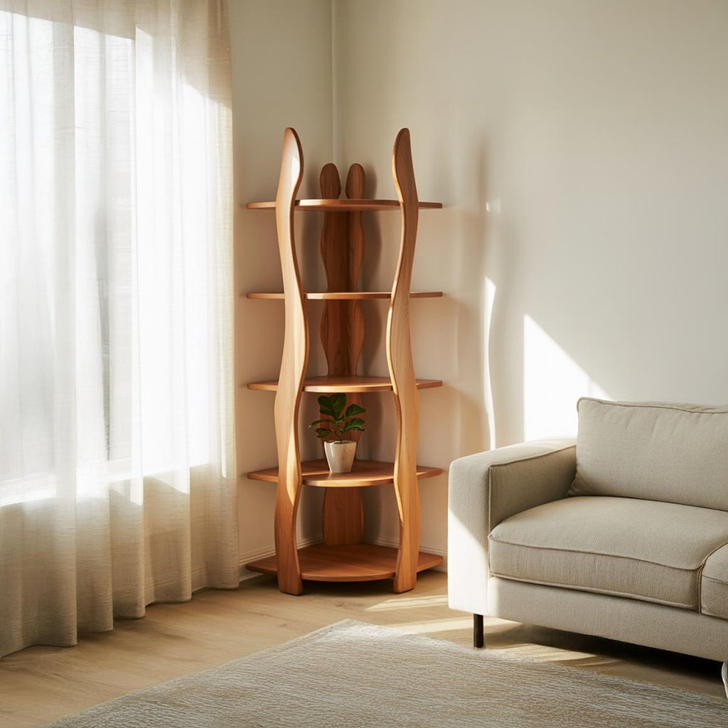 Organic Modern Sculptural Corner Shelf, Floating Wood Accent Shelving Unit for Living Room & Office, Model