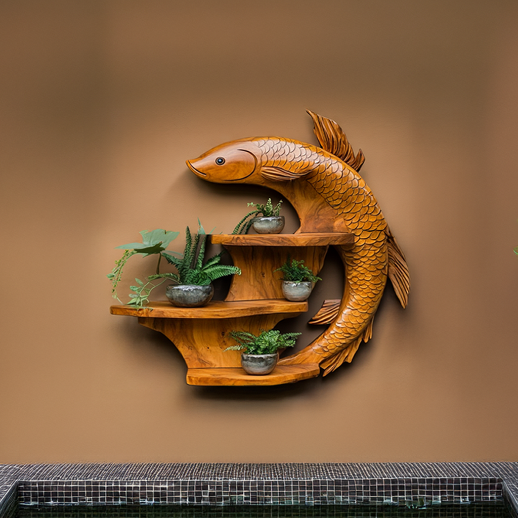 Zen Koi Fish Wall Display Shelf, Handcrafted Wood Floating Shelf for Asian-Inspired Living Room & Office Wall Decor