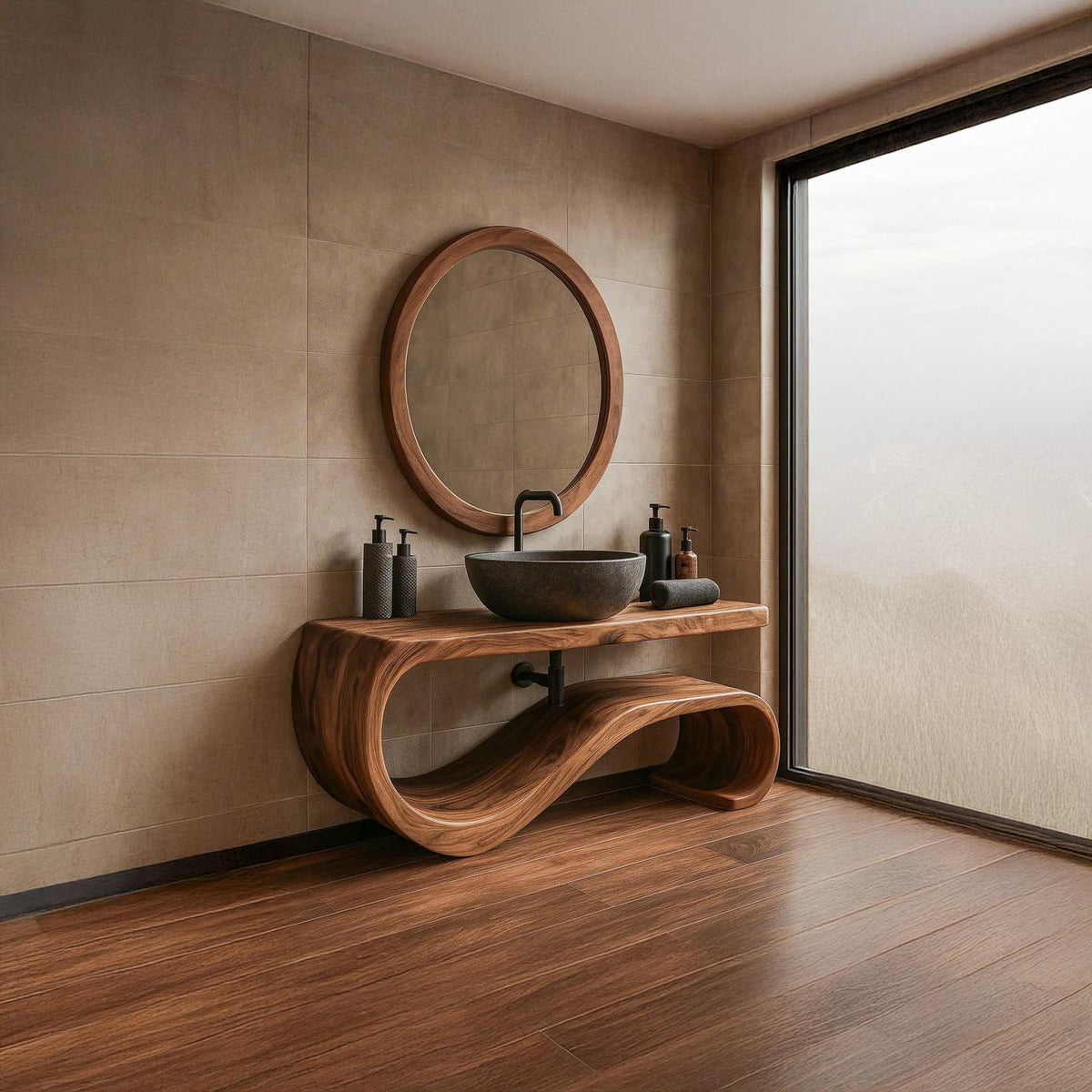 Midcentury Solid Wood Vanity Powder Room