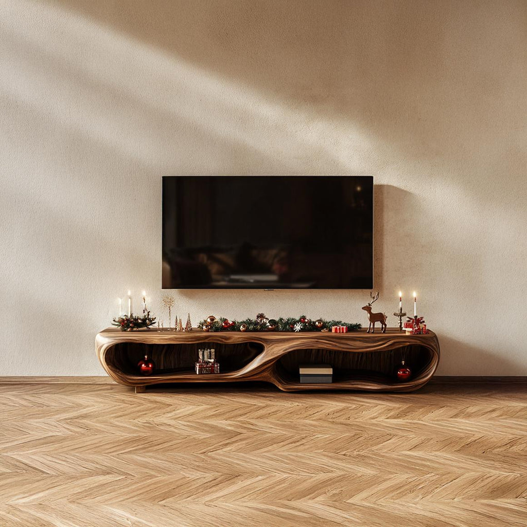 Rustic Wood TV Cabinet, Farmhouse Solid Timber Media Console, Low Profile TV Stand Credenza for Living Room