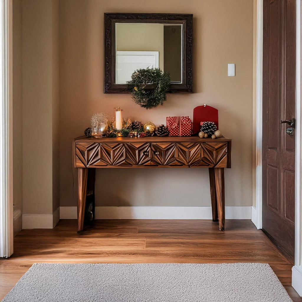 Rustic Carved Console Table Christmas Entryway Holiday Decor