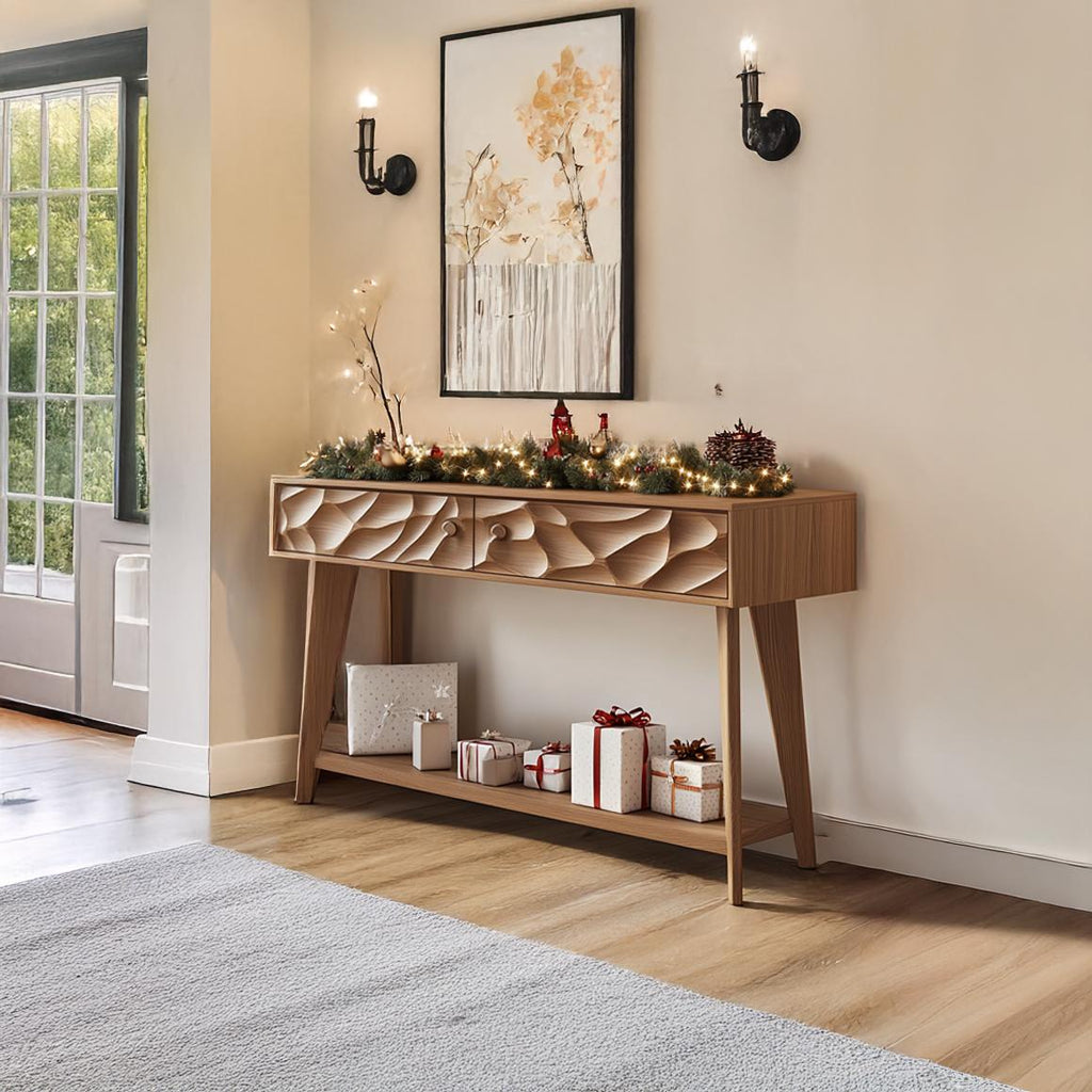 Mid Century Modern Carved Console Table, Solid Wood Handcrafted Entryway Table, Living Room Foyer Decor