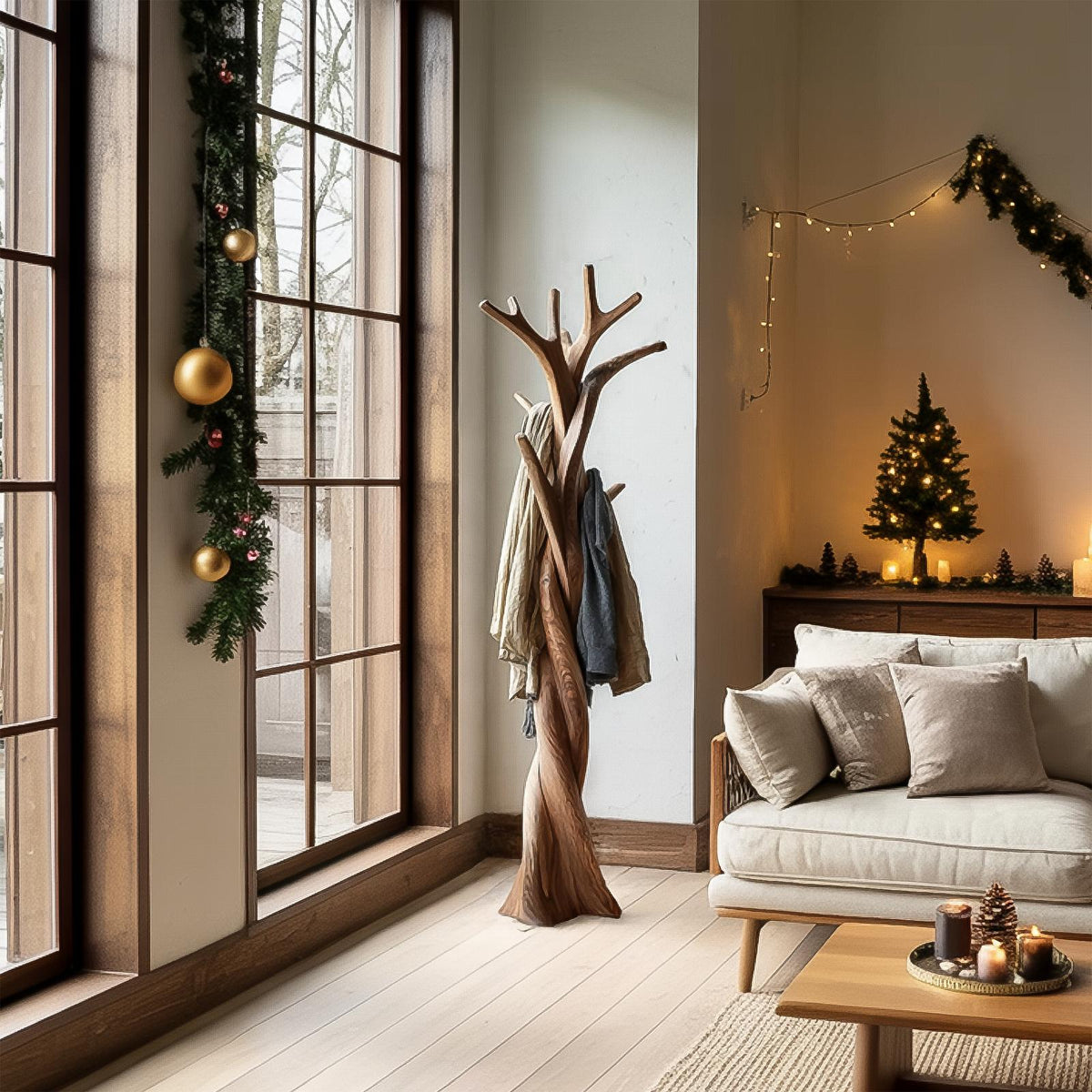 Rustic Twisted Tree Branch Coat Rack, Freestanding Solid Wood Coat Tree & Hat Stand for Entryway