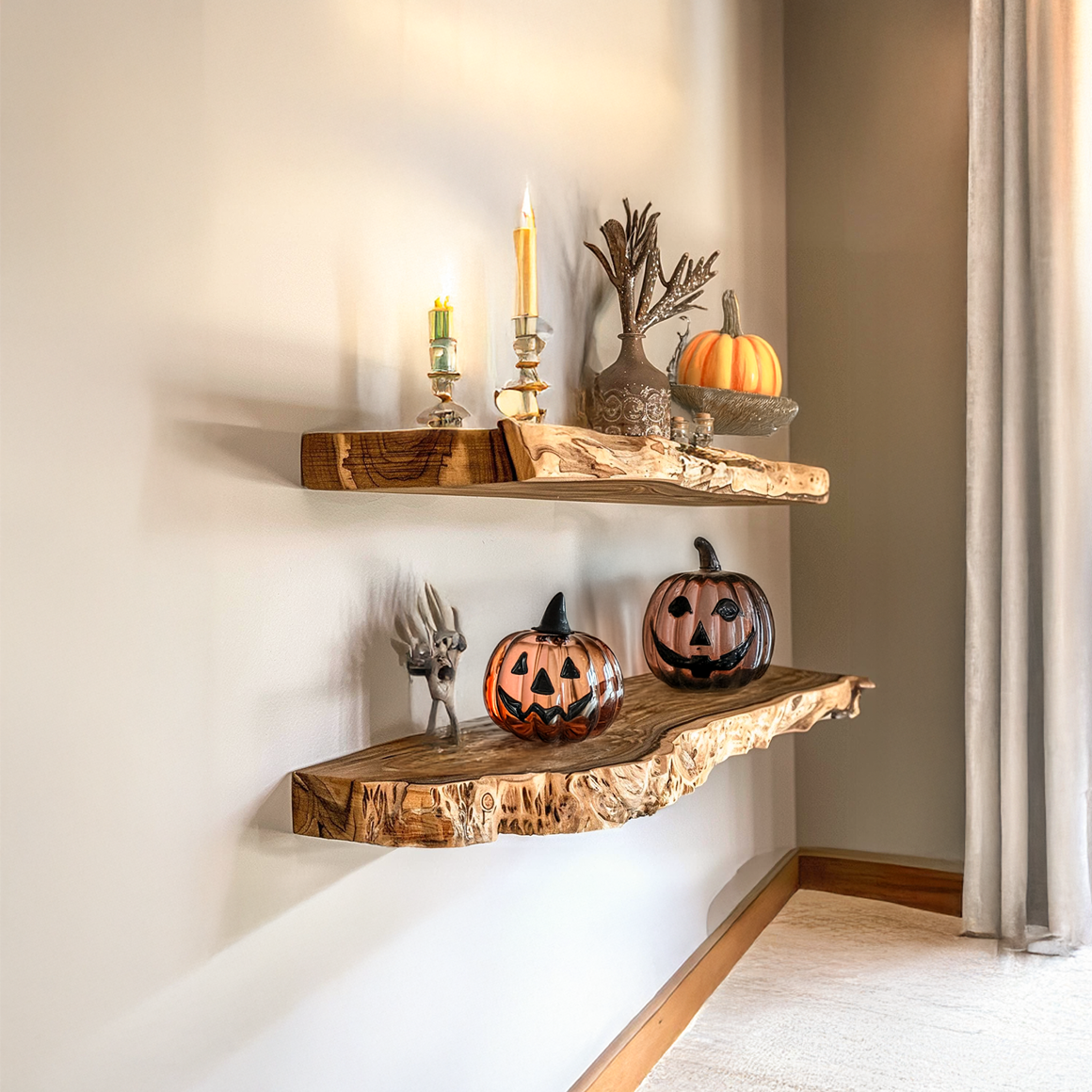 Rustic Floating Shelf, Wooden Tree Branch Wall Mounted Shelf, Spooky Gothic Living Room Wall Storage Display